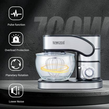Newiceaid Stainless Steel Stand Mixer, 6-Speed Tilt-Head Mixer with 700W Powerful Motor, 7.4QT Large Capacity Bowl, Electric Kitchen Mixer with Dough Hook, Beater, Whisk for Baking & Dough Making