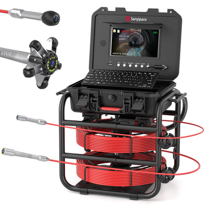 Sanyipace Sewer Camera 100FT/30M with DVR Recorder, Drain Camera with Lights, Pipe Sewer Scope Inspection Camera with IP68 Waterproof Camera Probe, 9" Color Screen, 16GB TF Card, Camera Guide Wheel