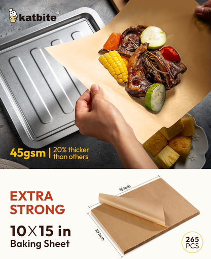 Katbite Parchment Paper Sheets - 265 Pcs Heavy Duty Unbleached, 10x15 Inches, Oil Proof for Baking & Steaming