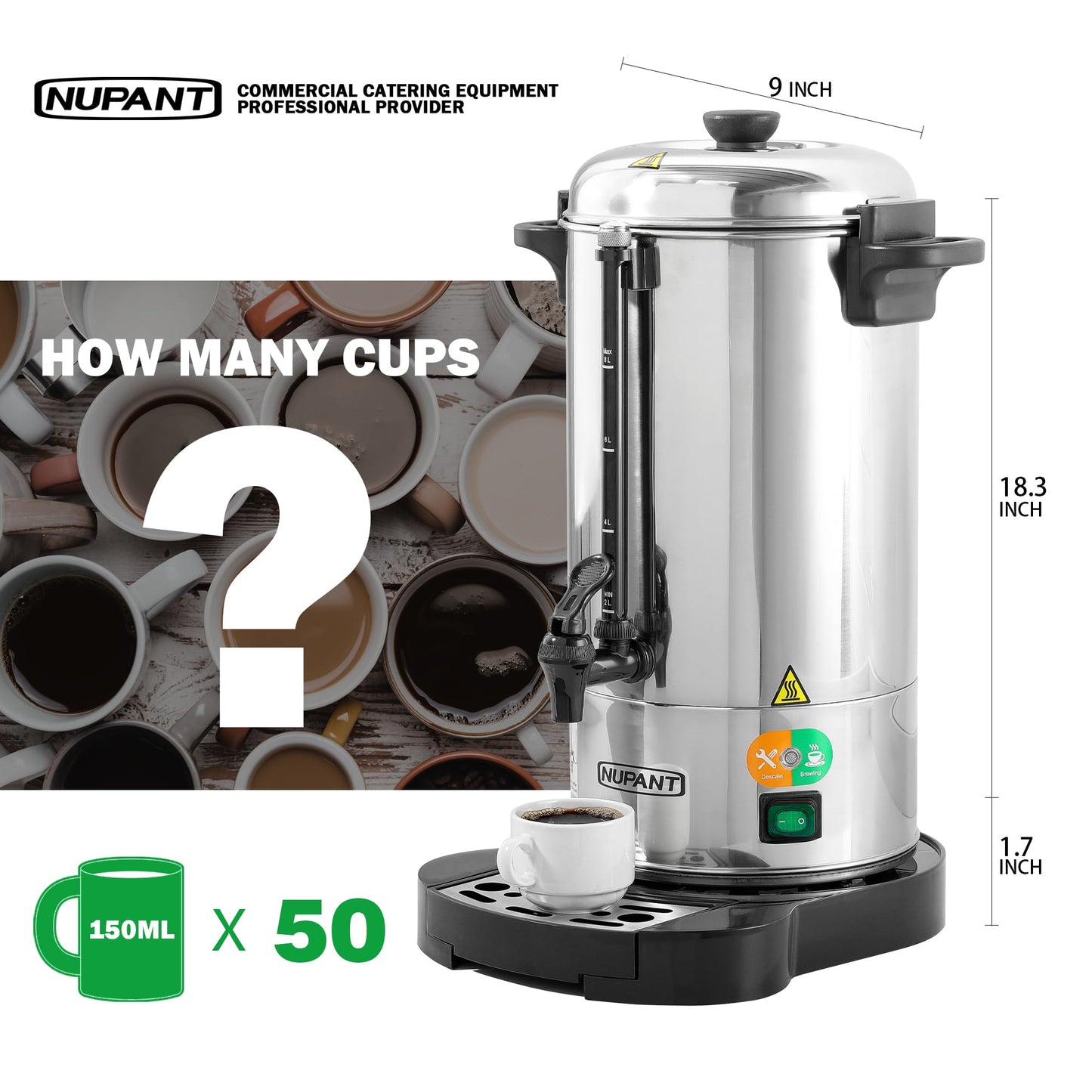 Commercial Coffee Urn 50 Cup/8L + 200-Pack 16oz Insulated Paper Cups with Lids | Complete Coffee Serving Bundle for Restaurant Catering, Church & Large Events