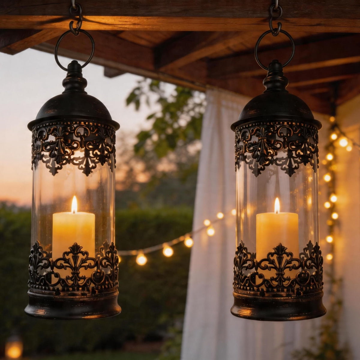 HiSnug Candlestick Holders with Flameless Candles - Gothic Vintage Hurricane Candle Holder, Portable Wind Lamp Barn Lantern Suspended Candleholders for Table Shelf Balcony Eaves, 2PCS, S+L, Black