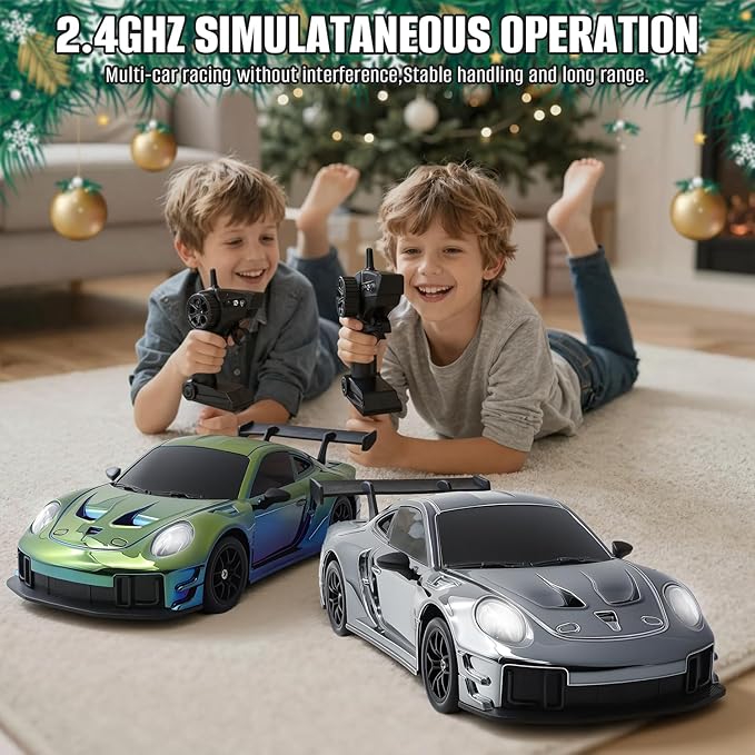 RC Drift Car 1:24 4WD Remote Control Cars Vehicle with LED Light2.4GHz 20KM/H High Speed RC Cars with Two Batteries &amp Drifting Tires Racing Sport Toy for Adults Boys Girls Kids Silve
