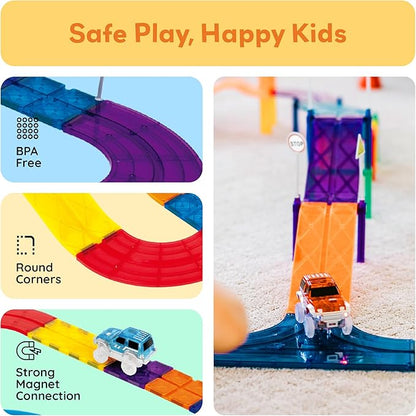 PicassoTiles Magnetic Tiles Race Track Car Thrilling Toy Playset Includes 2 Racing Trucks STEM Educational Magnet Tile Building Block Construction Set for Toddlers Boys Girls Ages 3 and Older PTR30