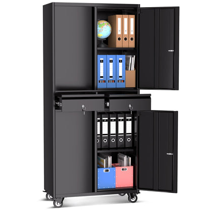 IDEALHOUSE 73'' Metal Storage Cabinet, Heavy Duty Garage Storage with Wheels, Locking Doors and 2 Drawers, Adjustable Shelves for Garage, Workshop, Office, Black