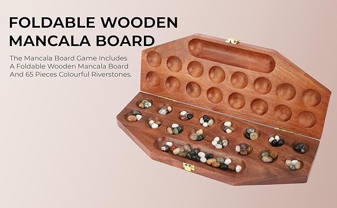 Ajuny Wooden Mancala Board Game Set – Classic Board Games Portable Folding Travel Mancala Board with Marbles (96 Stones) Ideal Family Wooden Games for Adults &amp Kids