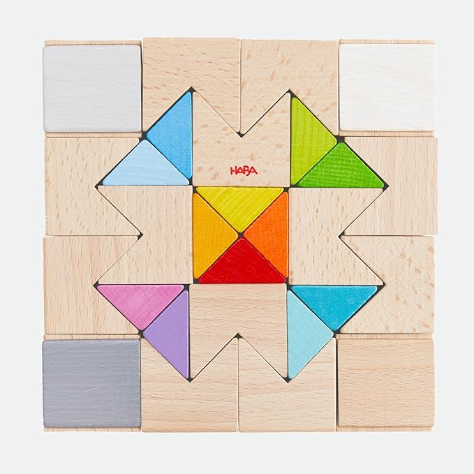 HABA Creative Building Blocks - Colourful Building Set with 32 Wooden Building Blocks &amp 10 Template Cards - Promotes Creativity Spatial Thinking &amp Fine Motor Skills - From 4 Years - 201260600