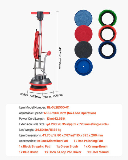 VEVOR Commercial Floor Scrubber Machine, Heavy Duty Floor Cleaner Polisher with 2 Wheels, Professional Electric Carpet Buffer, Max 1900 RPM, 43 FT Cord, 3 Pads & 3 Brushes - All Floor Surfaces