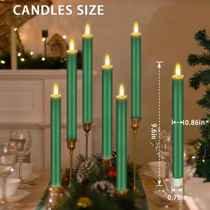 Upgraded Real Wax LED Flameless Green Taper Candles with Remote, KSWING 6 PCS Candlesticks Battery Operated 3D Flickering - 9.6" Long Realistic Fake Candle Sticks for Home/Wedding/Fireplace Xmas Decor