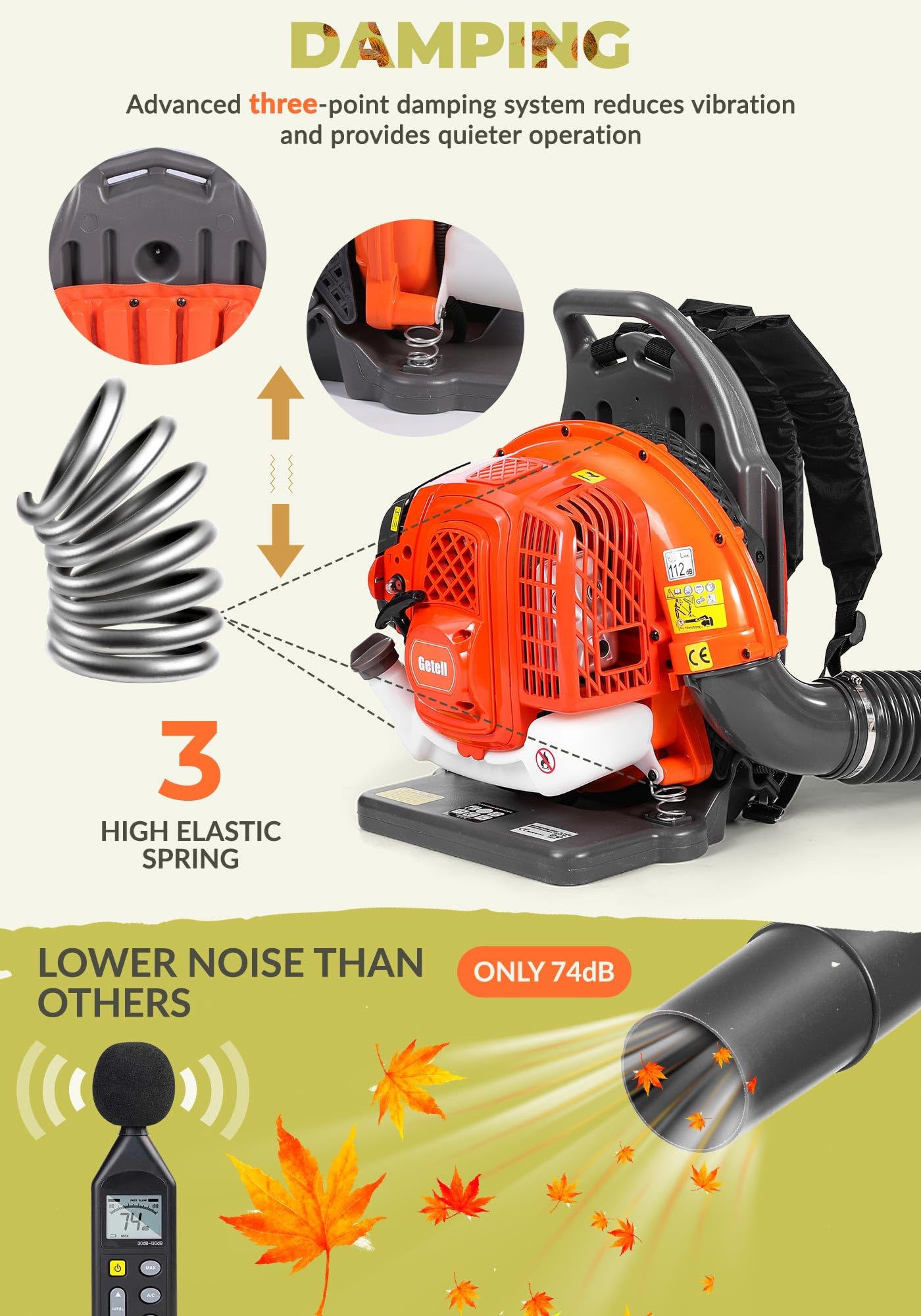 Getell Backpack Leaf Blower Gas Powered - 65CC 2-Stroke Engine, 850 CFM 205 MPH Commercial Grade Yard Blower for Heavy Duty Lawn Care, Wet Leaf & Debris Removal - Lightweight 17.5 LB (Orange)
