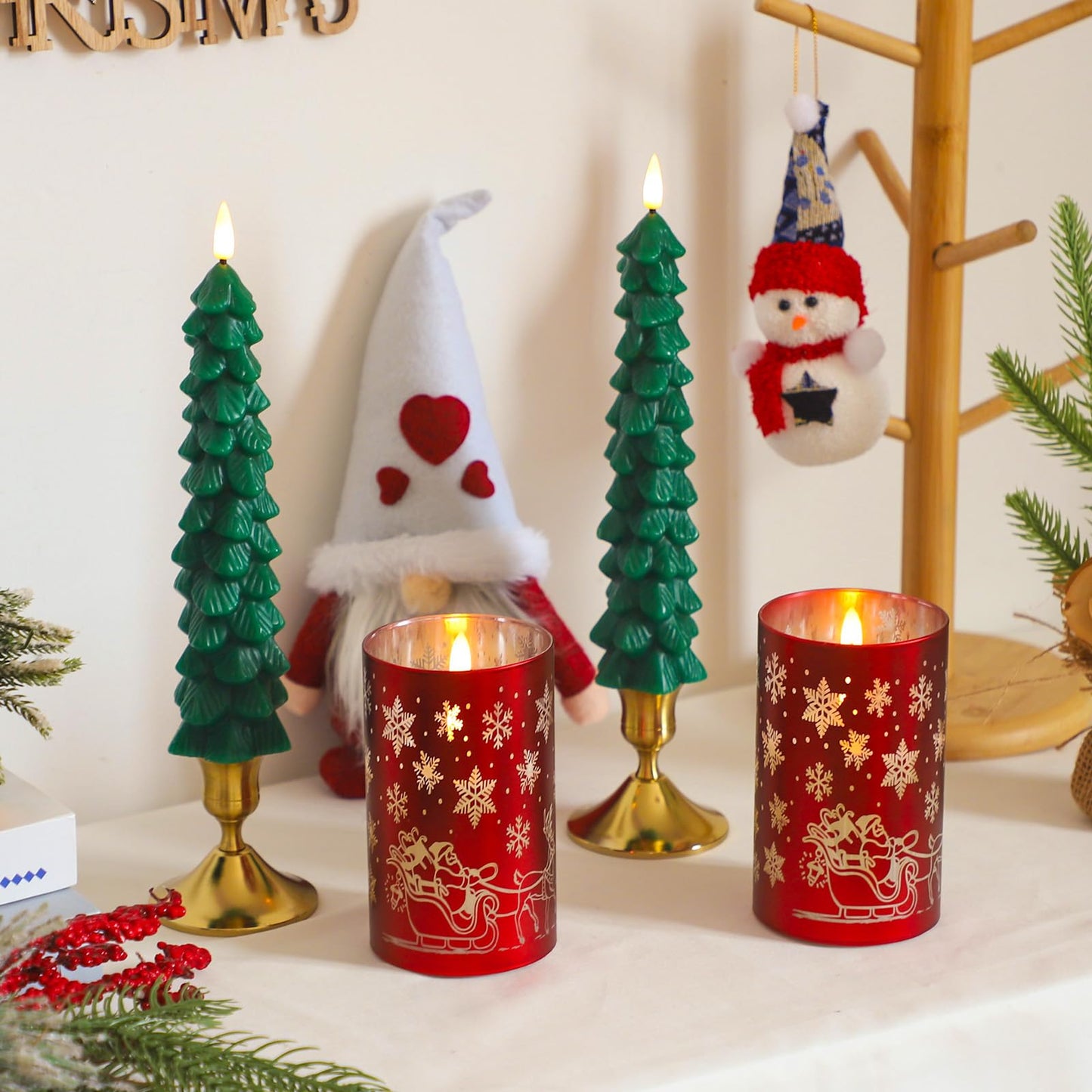 Lezonic Christmas Flameless Candles with Remote, Green Christmas Tree Flickering Battery Operated Window Candlesticks, Red Glass Xmas New Year Decorations Gifts, Set of 4 Real Wax LED Candles