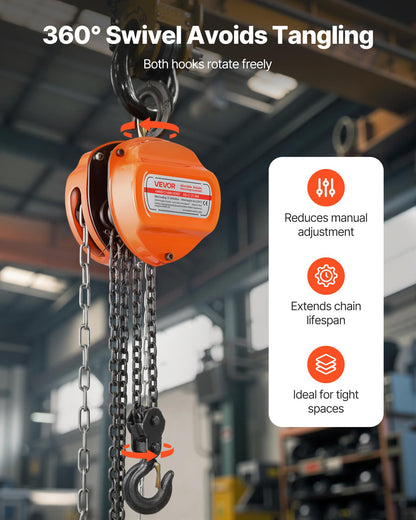 VEVOR Hand Chain Hoist, 3 Ton 6600 lbs Capacity, Manual Chain Block with Upgrade G80 Galvanized Chain, 20 ft Lifting Height, Heavy Duty Pulley Hoist for Garage Warehouse Automotive Machinery, Orange