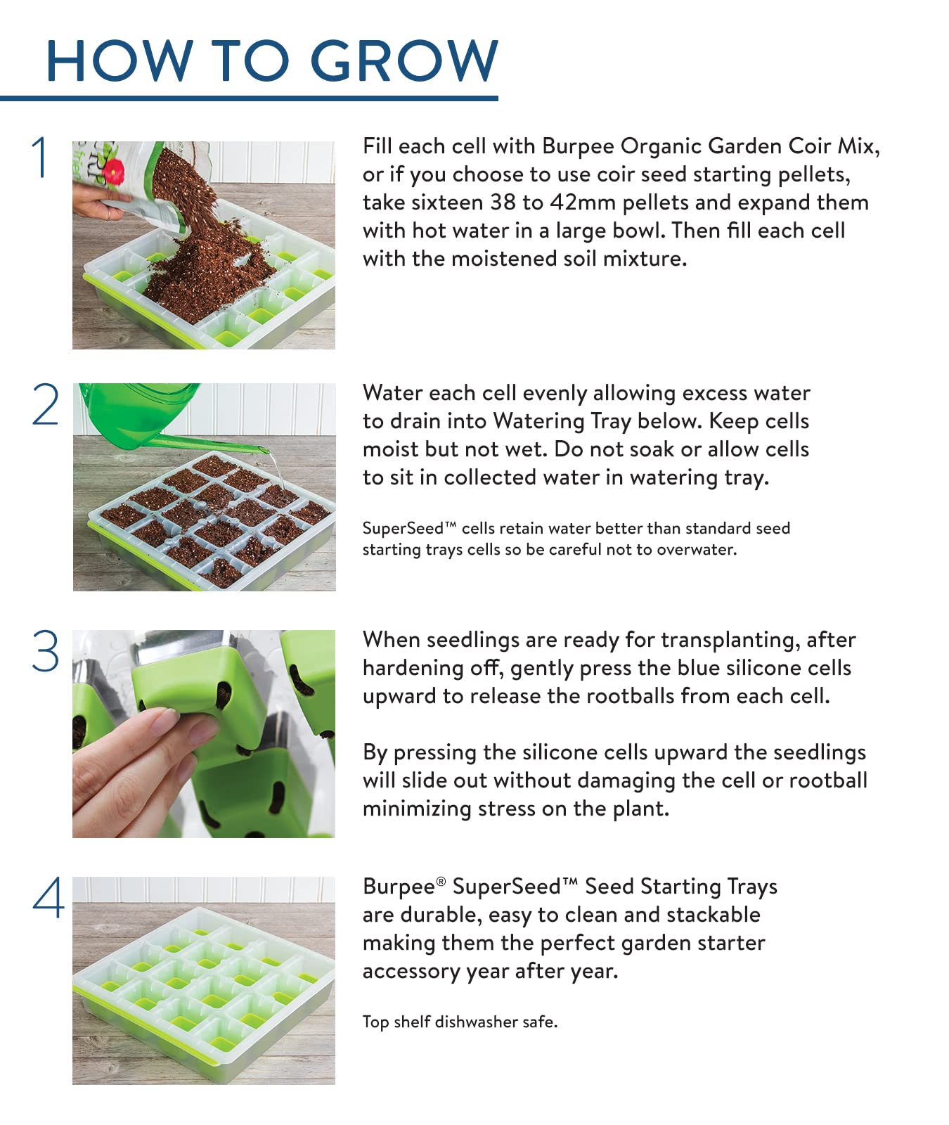 Burpee SuperSeed Seed Starting Tray | 16 XL Cell | Reusable & Dishwasher Safe | for Starting Vegetable Seeds, Flower Seeds & Herb Seeds | Indoor Grow Kit for Deep-Rooted Seedlings, Green