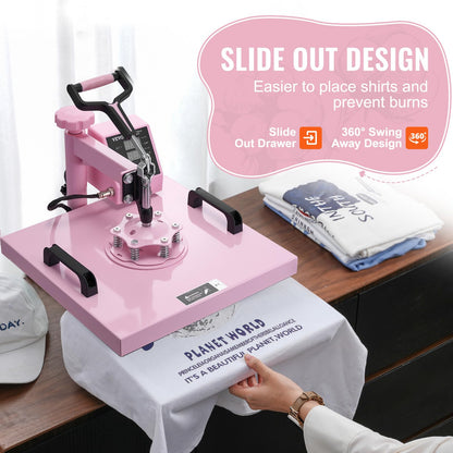 VEVOR Heat Press Machine 15x15 inch, Heat Press Machine for T-Shirts, 5 in 1 Heat Press with 30 OZ Tumbler Press, Combo Tumbler Heat Press Machine Sublimation for Hat Cap Mug Plate, Pink