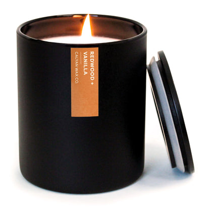 Calyan Wax Co. Redwood & Vanilla Scented Candle - 75 Hour Burn - Luxury Clean Soy Wax Candles - Long Lasting Black Tumbler Jar Candle for Home - 10.2oz