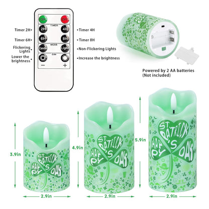 Flameless Candles Lights, Set of 3 Flickering St. Patrick's Day Pillar Candles with Remote & Timer, Dimmable Real Wax Shamrock LED Candles Battery Operated for Home St. Patrick's Day Decor (Clover)