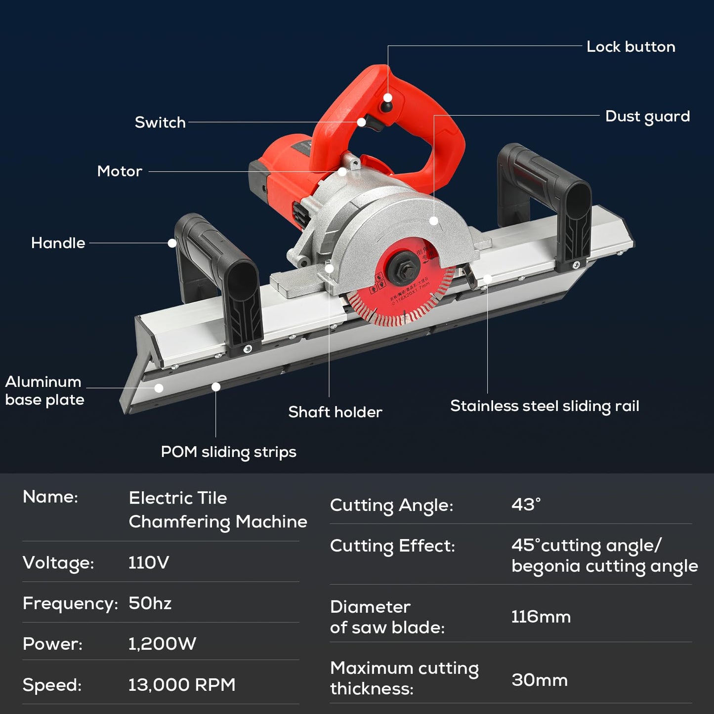 Professional 45° Tile Edge Cutter – 43 Degree Electric Chamfering Machine with Auto Water Spraying for Porcelain & Ceramic Tile Work, Labor-saving Tool