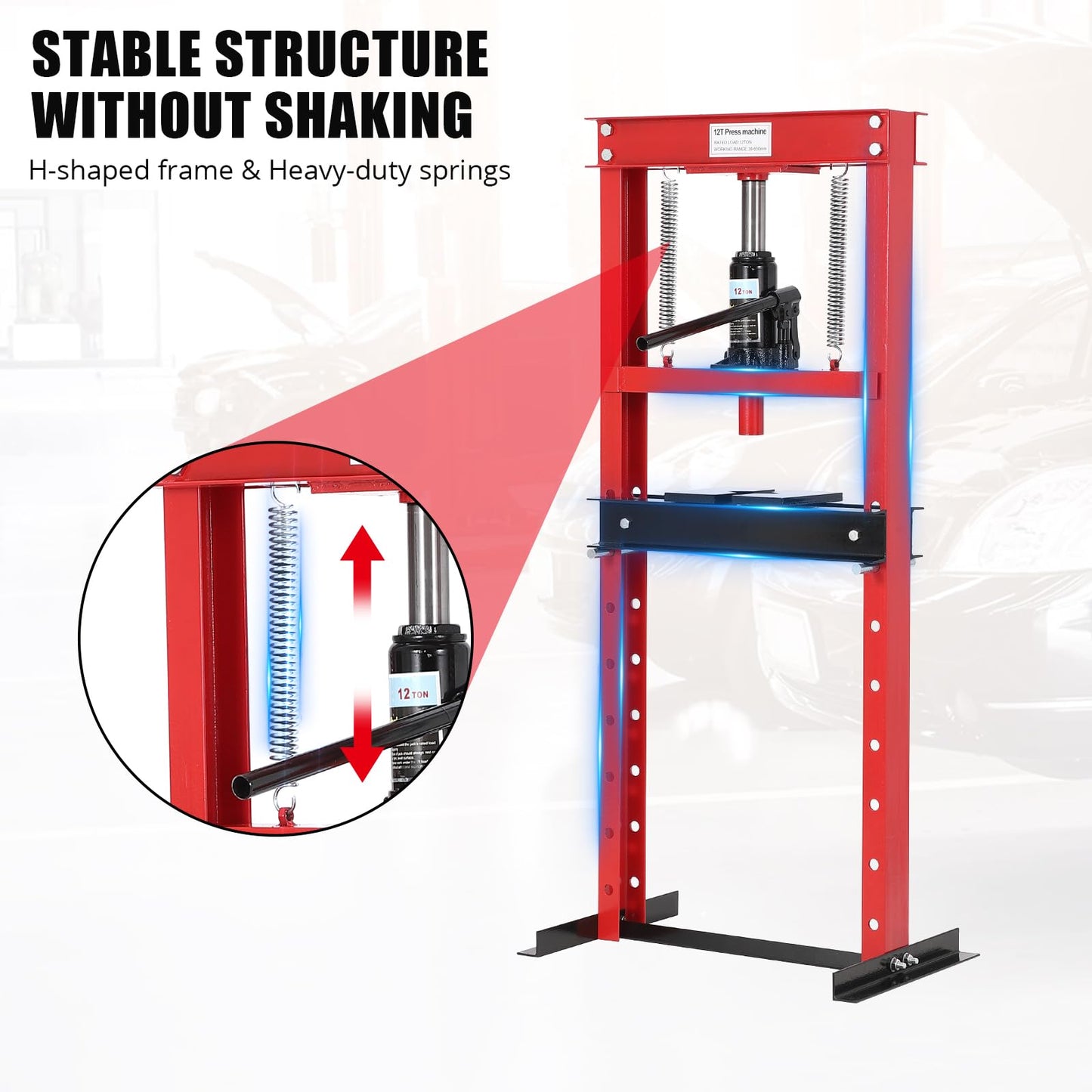 GarveeTech 12 T Hydraulic Press, H-Frame Bearing Press, Adjustable Working Table Height, Strong Load Capacity, for Car Repair Garage