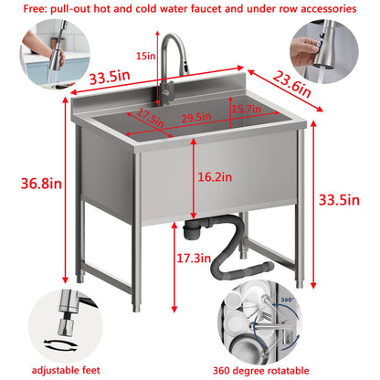 Stainless Steel Commercial Restaurant Sink, Freestanding Large Commercial Sink with Pull-out Faucet for Kitchen Dishwashing, Thawing, Pet Cleaning, Laundry Room, 35 Gallon, 23.6"D x 33.5"W x 36.8"H