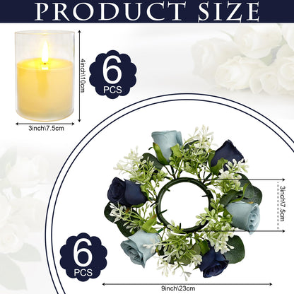 Tobilu 6 Sets Rose Rings Wreaths with LED Candles - Artificial Roses Eucalyptus Wreath Wedding Centerpiece for Wedding Bridal Shower Banquet Table Decor - Navy Blue