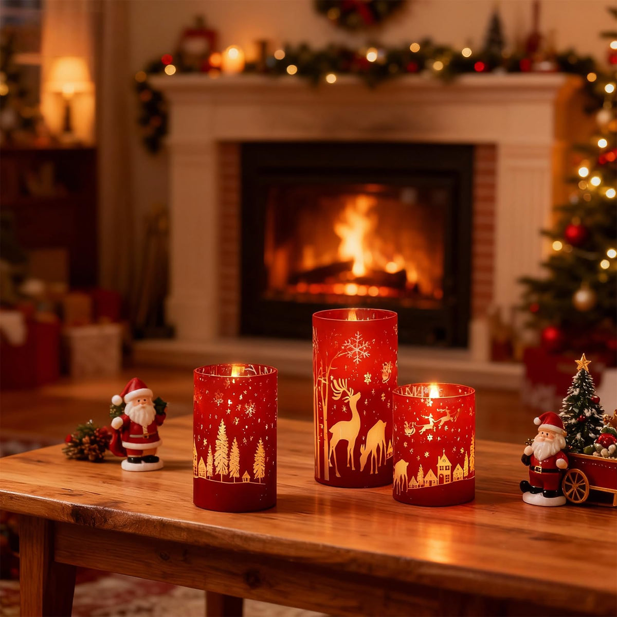 DRomance Christmas Flameless Candles Battery Operated with 10-Key Remote and Timer 3D Wick Flickering Electroplating Glass Reindeer LED Candles Indoor Holiday Decorations(Red, 3" D x 4", 5", 6" H)