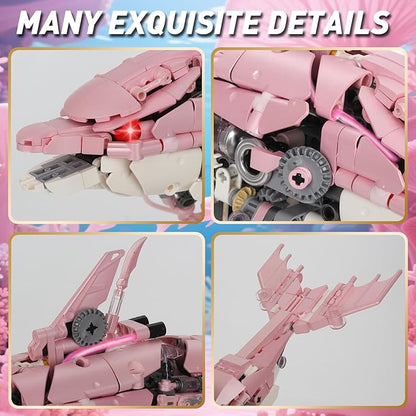 Mechanical Pink Dolphin Building Blocks Linkage Kit Sea Animal Model with Lighting Display Stand STEM Power Toy DIY Desktop Ornament for Kids &amp Adults Ages 12+ Birthday Gift Idea 888pcs