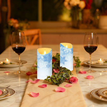 Christmas Flameless Candles Set of 2 Blue Snowflakes Realistic LED Candles with Remote Battery Operated Holiday Decorations