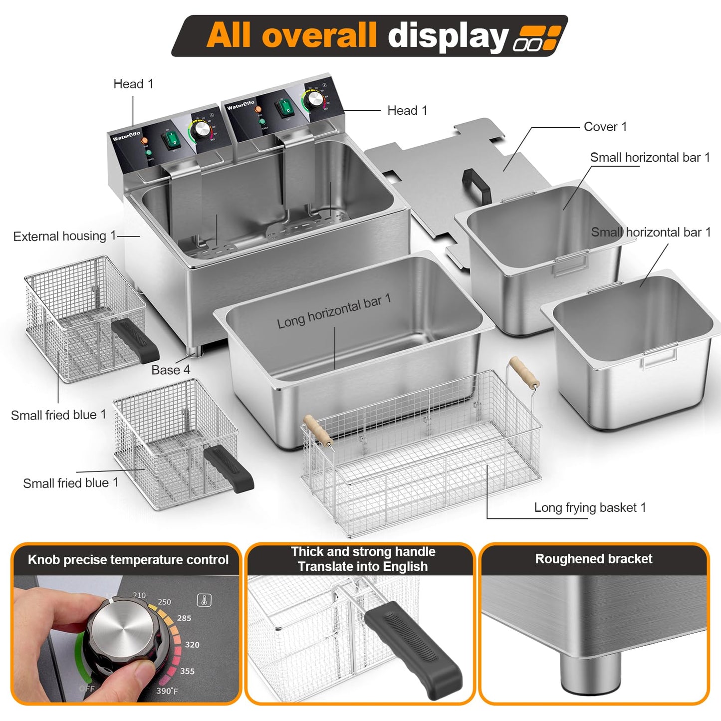 WaterElfo electric turkey fryer Commercial deep fryer with basket 3600W27.4QT with timer26L deepen deep fryer Variable twin cylinder 13.7QT*2 Rapid heating