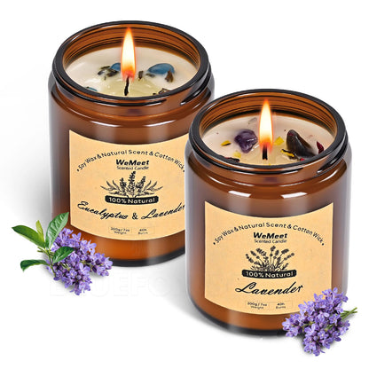 WEMEET 2 Pack Scented Candles Gift Set, Lavender Candles for Home Scented with Crystals 7oz, Eucalyptus Lavenderjar Candle with Dried Flowers, Aromatherapy Candle for Birthday, Mother'S Day, Christmas