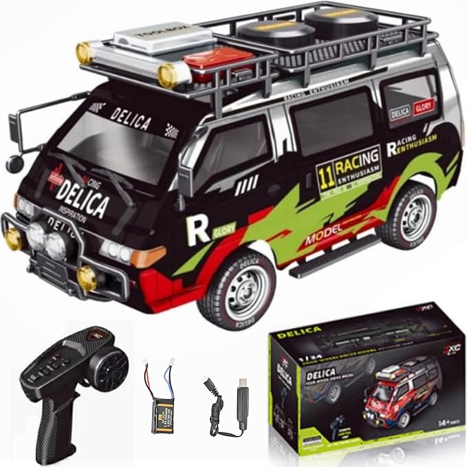 Delica RC Car1/24 Scale Station Wagon 2.4Ghz Remote Control Truck 4WD RC CrawlerEquipped with Cool LED LightsOff Road Vehicle Model Suitable For Adults (4WD-Black)
