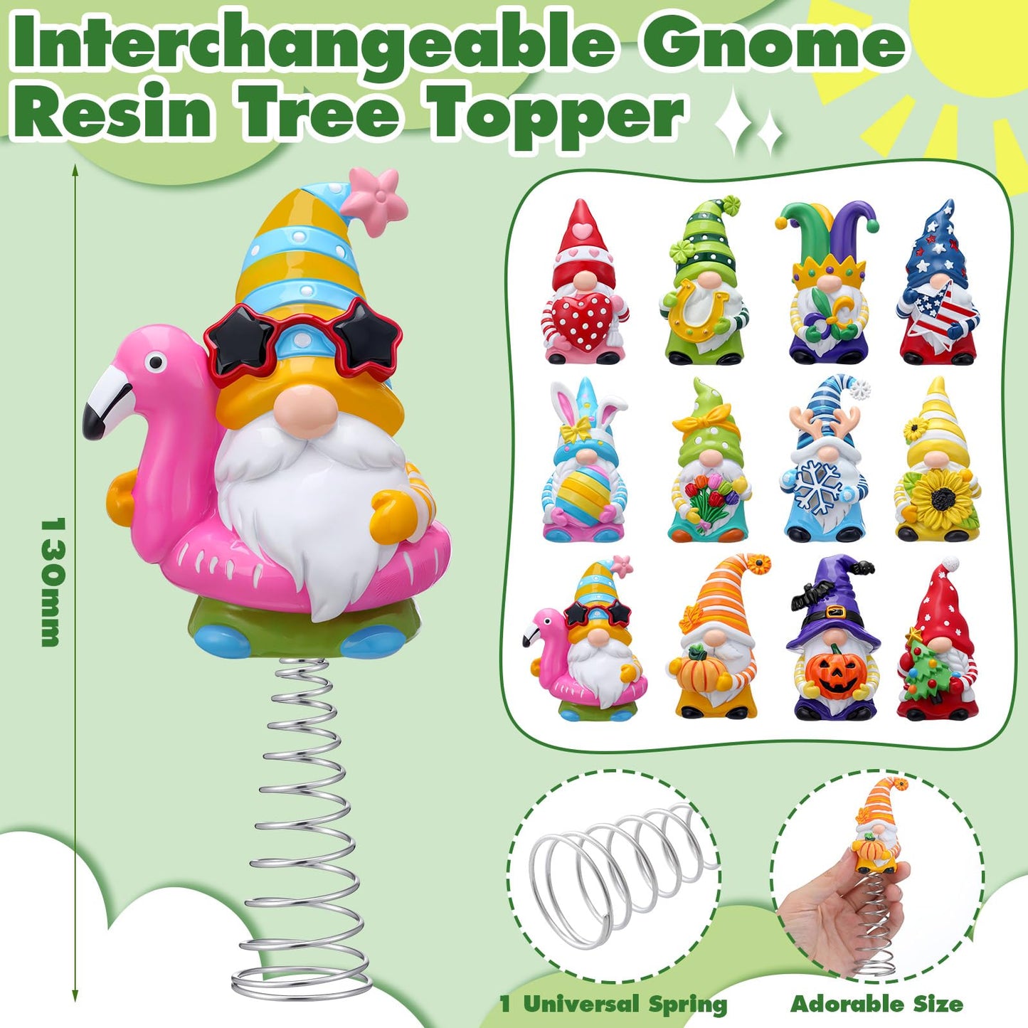 Gejoy 12 Pcs Mini Interchangeable Gnome Tree Topper, Valentine's Day Seasonal Resin Gnome Ornaments 5.1'' Miniature Christmas Tree Toppers for Year Round Gift, Office Home Decor, 1 Spring
