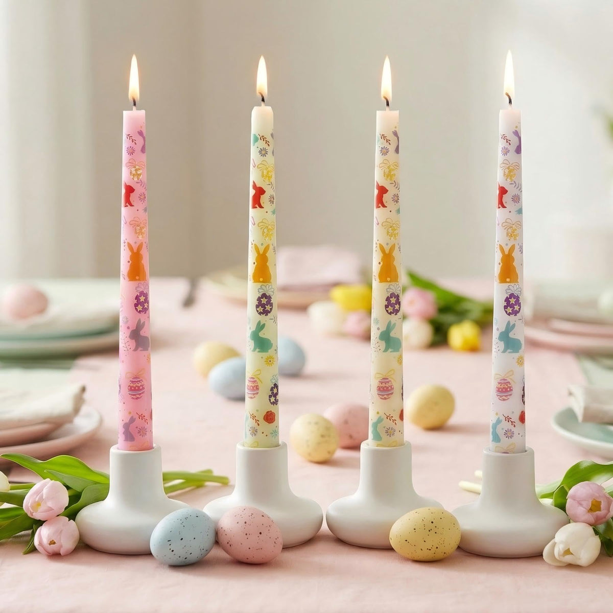 FYBW 4 Pack Easter Printed Taper Candles, 10" Long Decorative Candles with Spring Bunny & Egg Design Decorative Candles for Easter Table & Home Decor