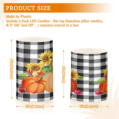 Eionryn Autumn Pumpkins Fall Sunflower Flameless Candles Black and White Buffalo Plaid Battery Operated LED Candles with Remote Timer Electric Candles for Home Party Decor 2pcs