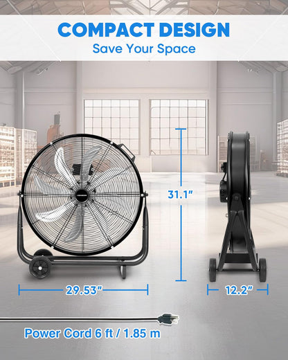 KEN BROWN 24 Inch Industrial Shop Fan, TurboSweep 8 Blades High Velocity Drum Fan, 9500 CFM, Heavy Duty 3 Speeds, 360° Adjustable Tilt for Industrial Commercial Gym Garage