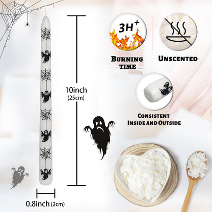Floral Taper Candles 10 Inch Tall Unscented Handmade Ghost Spider Print Long Burning Elegant Candlesticks for Halloween Decor Gifts