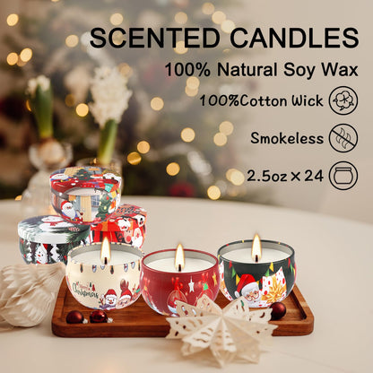 24Pack Christmas Scented Candle Tins Gift Set - Soy Wax Festive Aromatherapy Candles 2.5oz- Smokeless Long Lasting Burn time for Advent & Christmas Gifts Holiday Decor & Gifting.