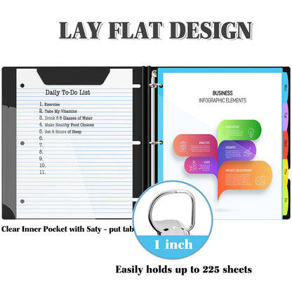 INFUN 1 Inch 3-Ring Telescoping Project Organizer Binder,13 Pocket, Customizable Front Cover, 5 Colors Pocket Divider and Plastic Binder Pocket，225 Sheet Capacity-Black