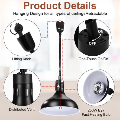 Nuanchu 2 Sets Food Heat Lamps Retractable Food Warmer Lamp with 110v 250w Heating Bulb Restaurant Hanging Warmer for Restaurant Buffet Home Kitchen Catering, Dia 29cm(Black)