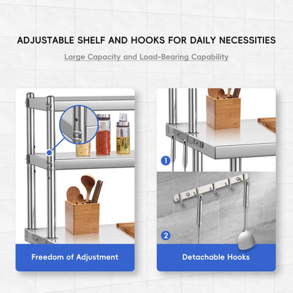 36 x 24 in Stainless Steel Table with Overshelves for Prep & Work, NSF Commercial Stainless Steel Kitchen Island with Adjustable Shelf & Hooks for Restaurant, Home and Hotel