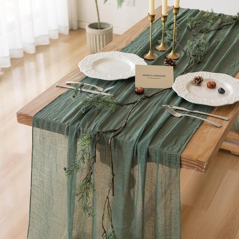 Keketoarrange 10pcs Forest Green Rustic Cheesecloth Table Runner 120 Inch 10 FT for Wedding Baby Shower Bridal Shower Birthday Engagement Garden Outdoor Party Long Sheer Boho Decorations