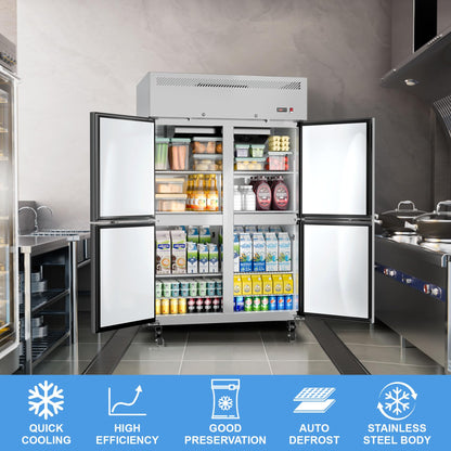 Ferueo Commercial Refrigerator 48" W 4 Door Stainless Steel Reach-in Solid Door Upright Fridge Fan Cooling 36 Cu.ft Refrigerators 32-47°F for Restaurant, Bar, Shop
