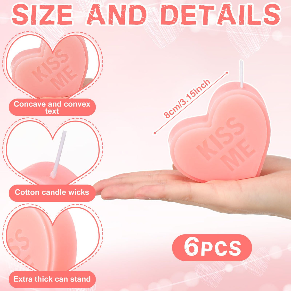 Conelist 6 Pcs Valentine's Day Conversation Heart Candle Aesthetic Unscented Handmade Candles Romantic Conversation Heart Valentine's Day Gifts for Home Wedding Decoration