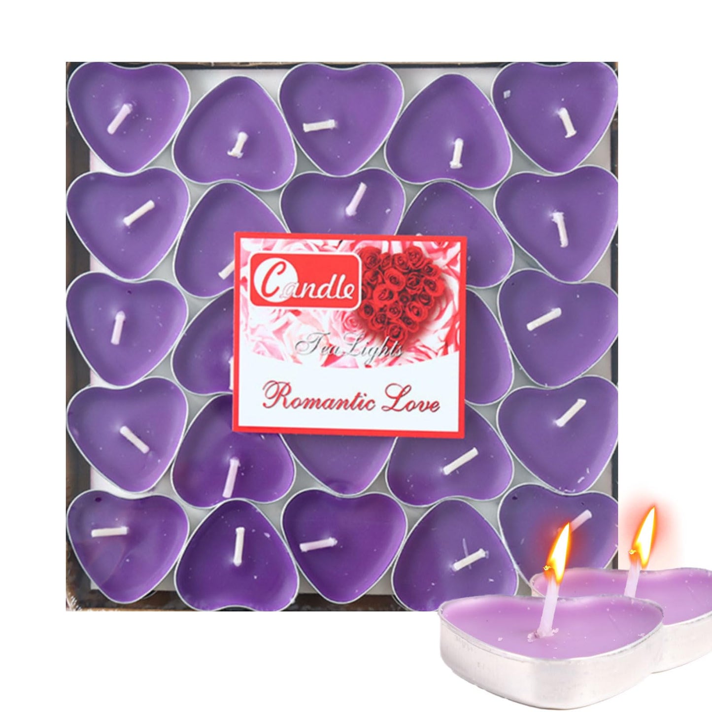 Heart Shaped Tealight Candles 50 Packs,25 * 2 Layers Romantic Love Unscented mokeless for Dinner Home Wedding (Purple)