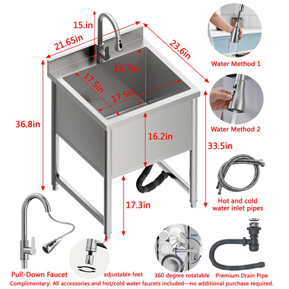 Stainless Steel Commercial Restaurant Sink, Freestanding Large Commercial Sink with Pull-out Faucet for Kitchen Dishwashing, Thawing, Pet Cleaning, Laundry Room, 23.6"D x 21.6"W x 36.8"H