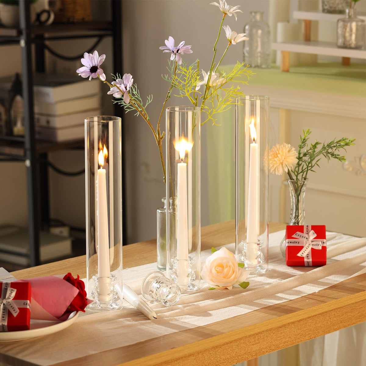 Teenyyou 8 Set Glass Hurricane Candle Holders Bulk 12.6" Open Ended Glass Candleholder Tube Shape Bottomless and 2.2" Taper Clear Candlestick Holders for Wedding Table Centerpiece (Clear)