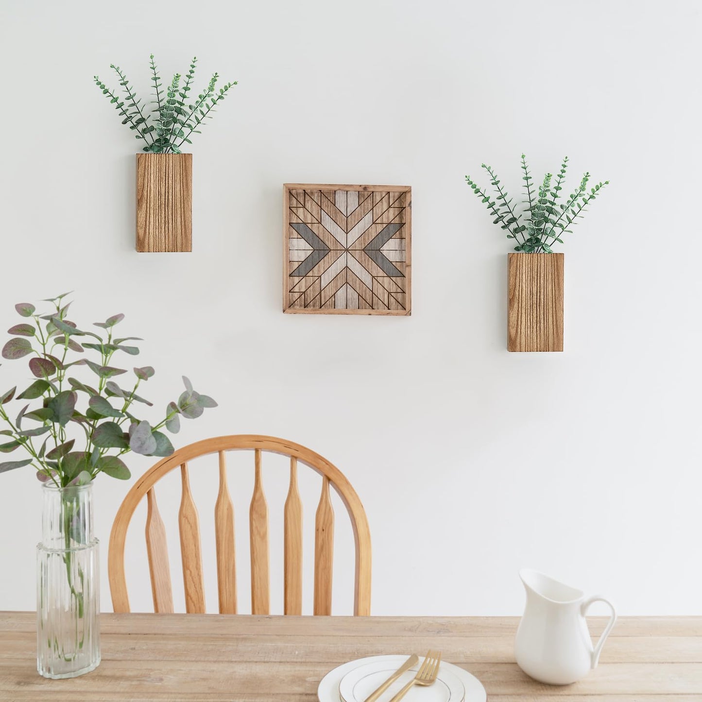 Dahey 2 Pack Wood Wall Planter Vase with Artificial Eucalyptus Farmhouse Wall Hanging Decor Pocket Planter for Indoor Fake Plants Greenery Flowers, livingroom Bedroom Kitchen Home Office Decoration