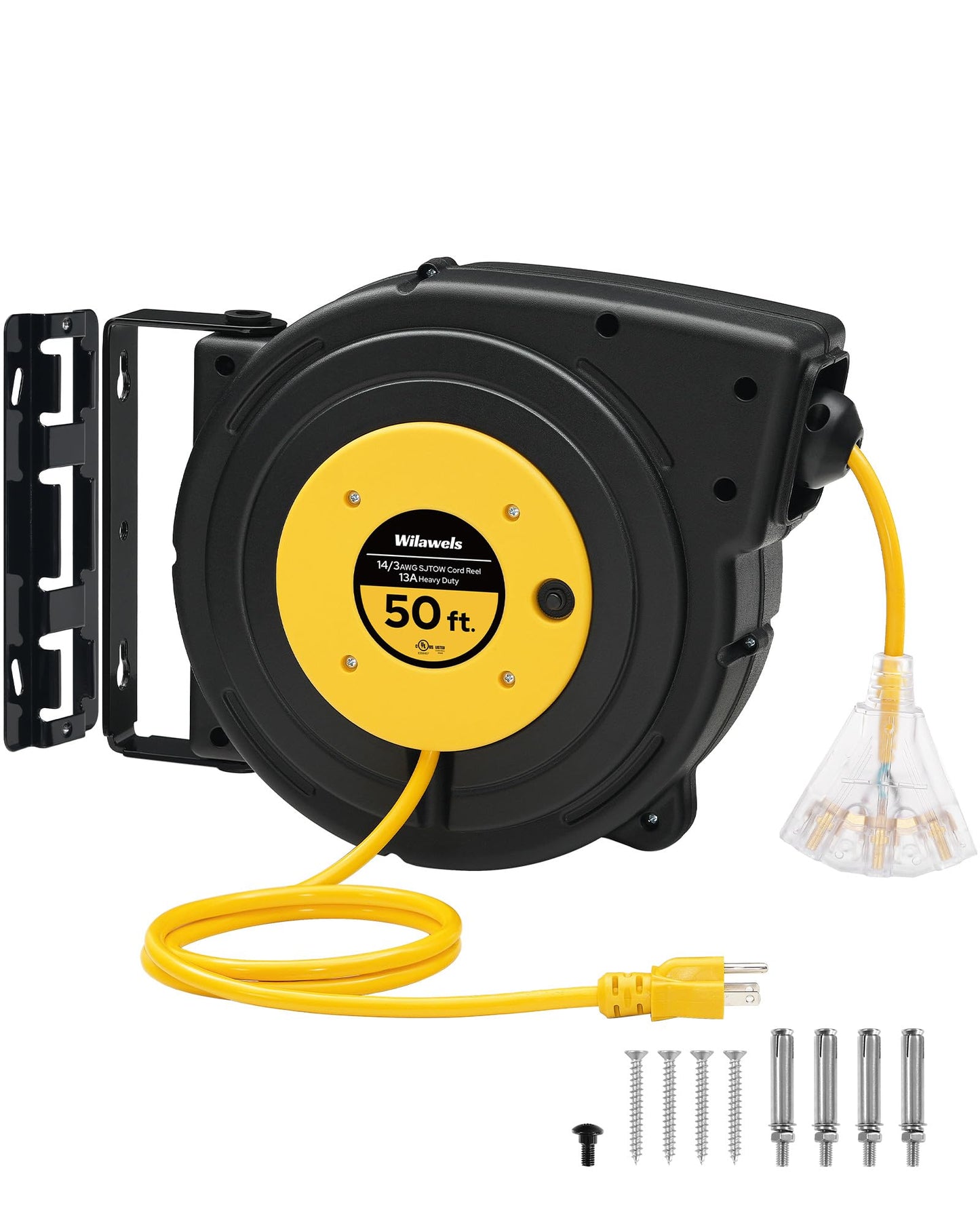 WILAWELS 50 FT 14AWG/3C SJTOW Retractable Extension Cord Reel and 18W 2000LM 15FT LED Work Light Bundle, for Garage, Workshop, Car Repair Scene Y50CR06- Y03WL06