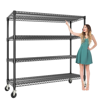 Metal Shelving Unit with Wheels, 72"H x 59"W x 17.7"D Garage Storage Shelves 4-Tier, Heavy Duty 2640LBS, Adjustable, Industrial Wire Rack Shelving Organizer, for Basement Home Office Kitchen, Black