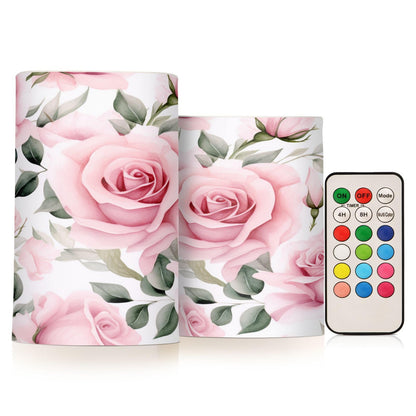 ALAZA Pink Rose Flowers Flickering Flameless Candles Battery Operated with Remote Timer,Tea Light Candles LED Pillar Votive Candles Set of 2 for Outdoor Indoor Decorations