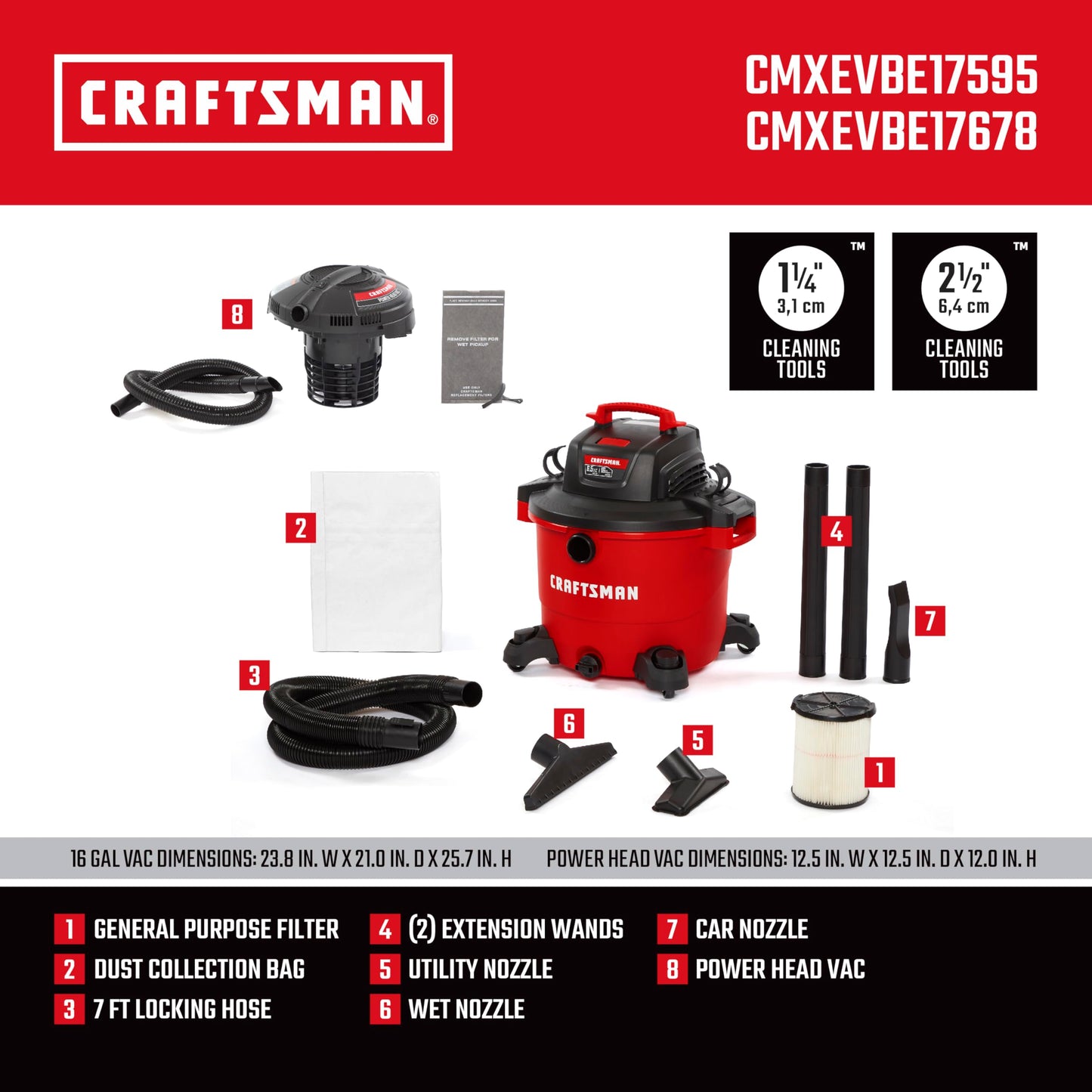 CRAFTSMAN CMXEVBE17595 16 Gallon 6.5 Peak HP Heavy Duty Wet Dry Shop Vacuum with Filter, Dust Bag, Hose, Attachments and CMXEVBE17678 1.75 Peak HP Wet Dry Vacuum Powerhead with Filter Bag and Hose
