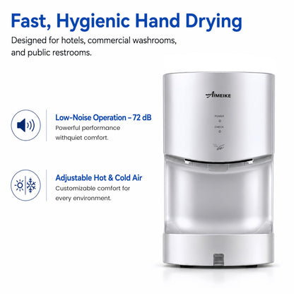 AIMEIKE Automatic Commercial Wall Mounted Hand Dryer with Drip Tray, Compact High Speed 110V 1300W, Adjustable Hot & Cold Air, Low Noise for Bathroom & High-Traffic Restrooms, Silver